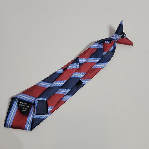 Red/Light Blue/Dark Blue/White Striped Boys Clip Tie - Picture 2 of 5